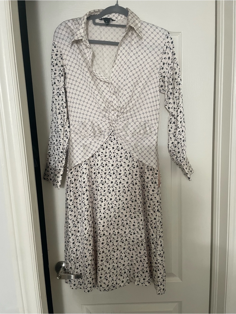 Club Monaco Cream and Black Twist-Front Long Sleeve Midi Dress